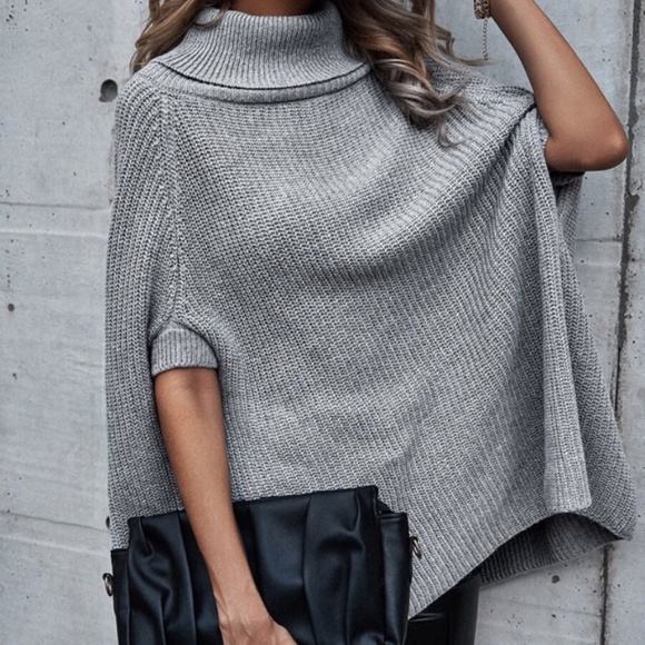 charcoal grey knit turtleneck poncho style sweater - Picture 6 of 6